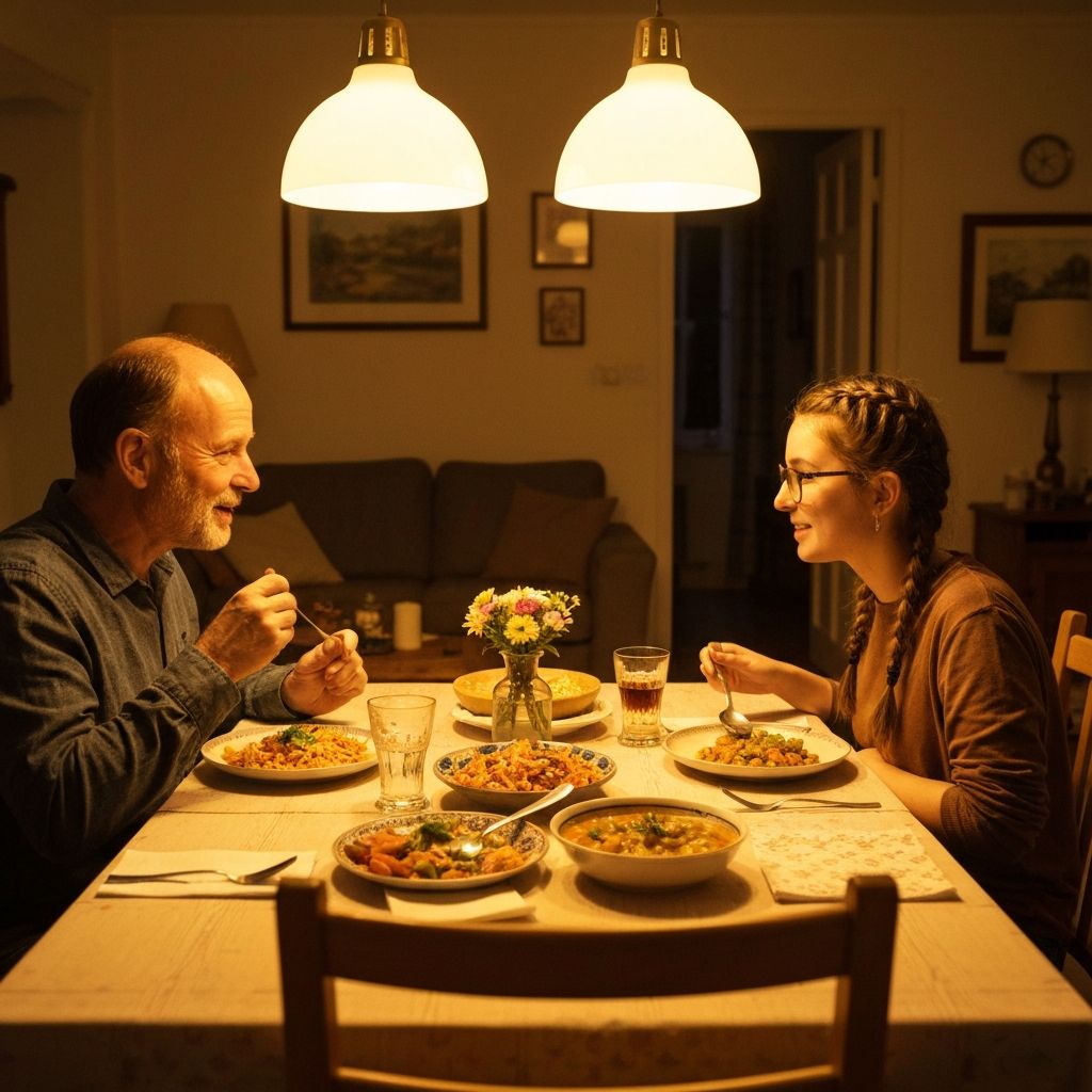 Two people sharing dinner at a dining table with a homemade meal in a warm home setting