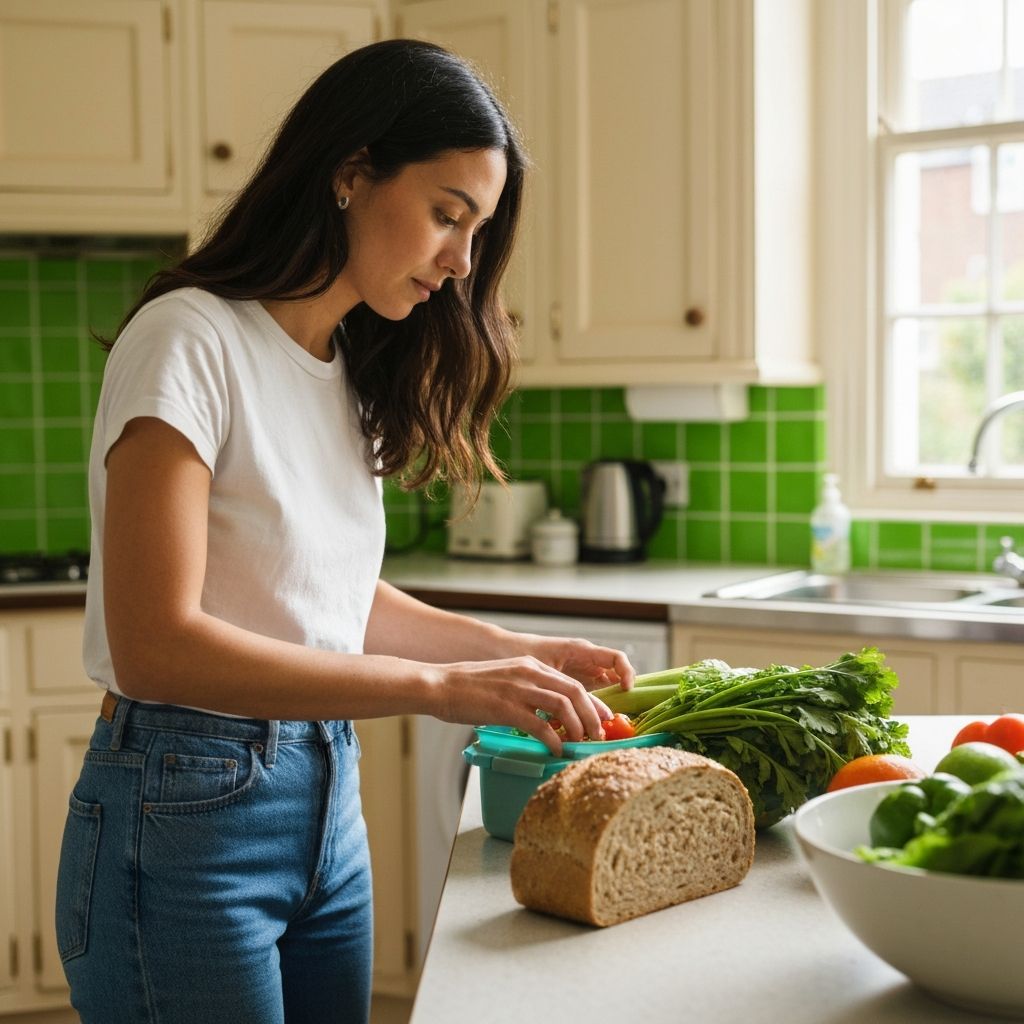 Hands preparing a portable lunch at a kitchen counter with fresh vegetables and bread